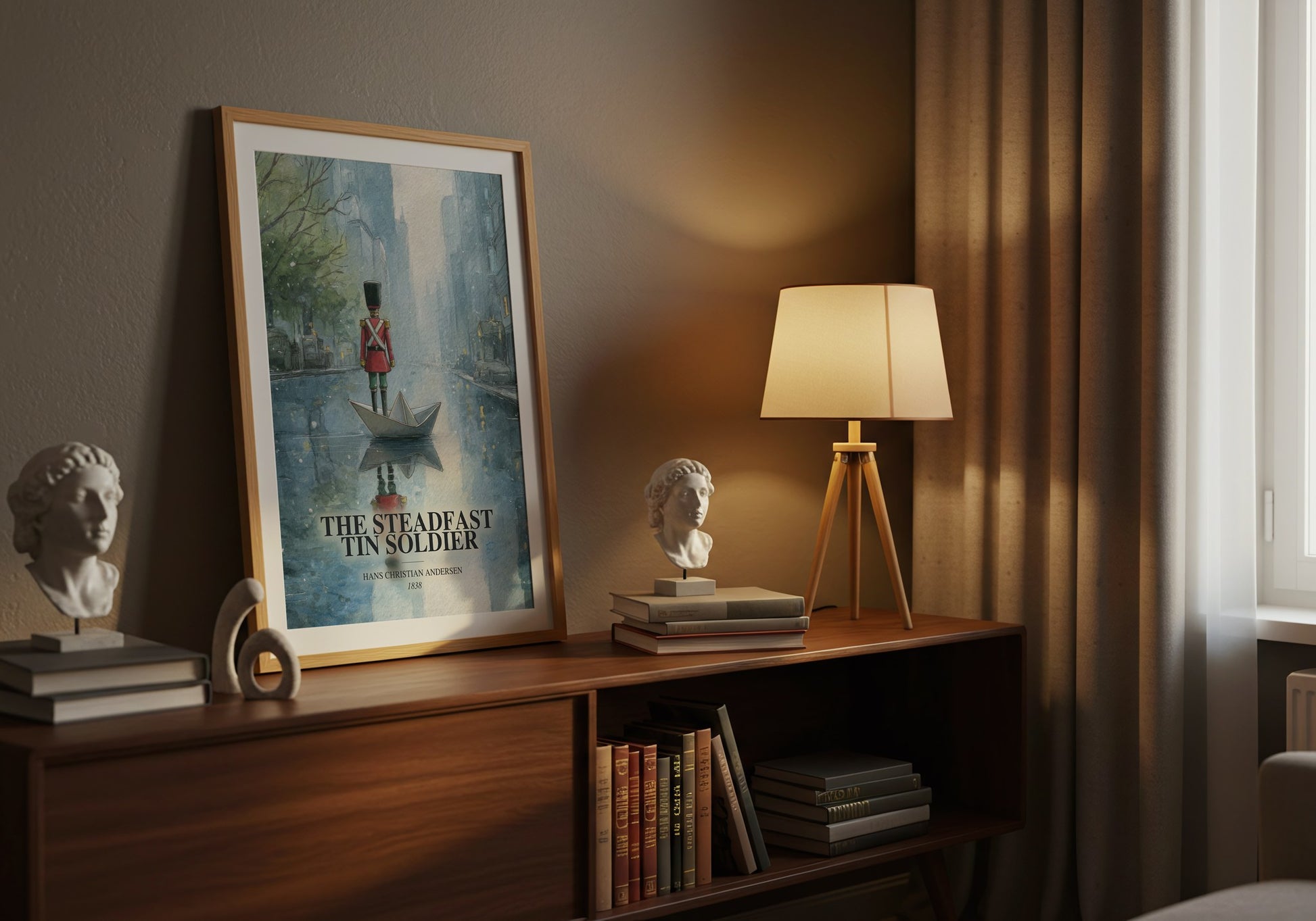 The Steadfast Tin Soldier watercolour print on bookshelf – Hans Christian Andersen fan gift