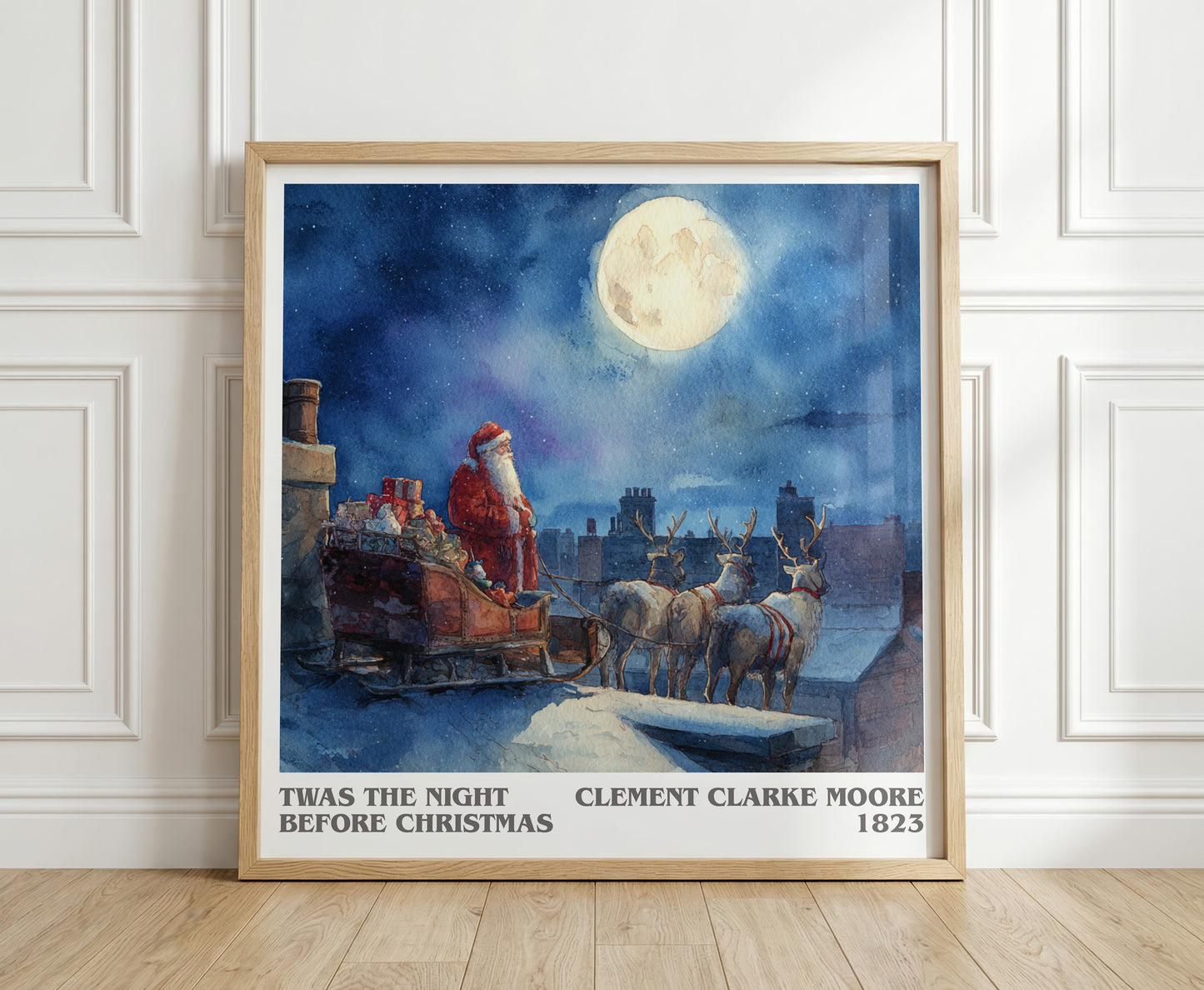 Twas The Night Before Christmas literary print in frame leaning in hallway – childrens wall art