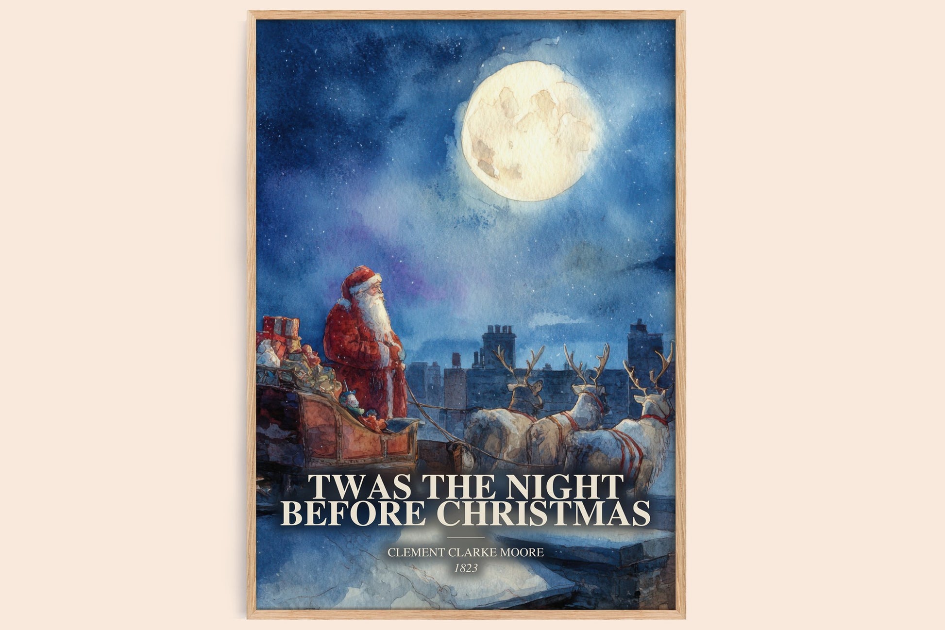 Twas The Night Before Christmas watercolour book poster by Clement Clarke Moore – framed literary art print