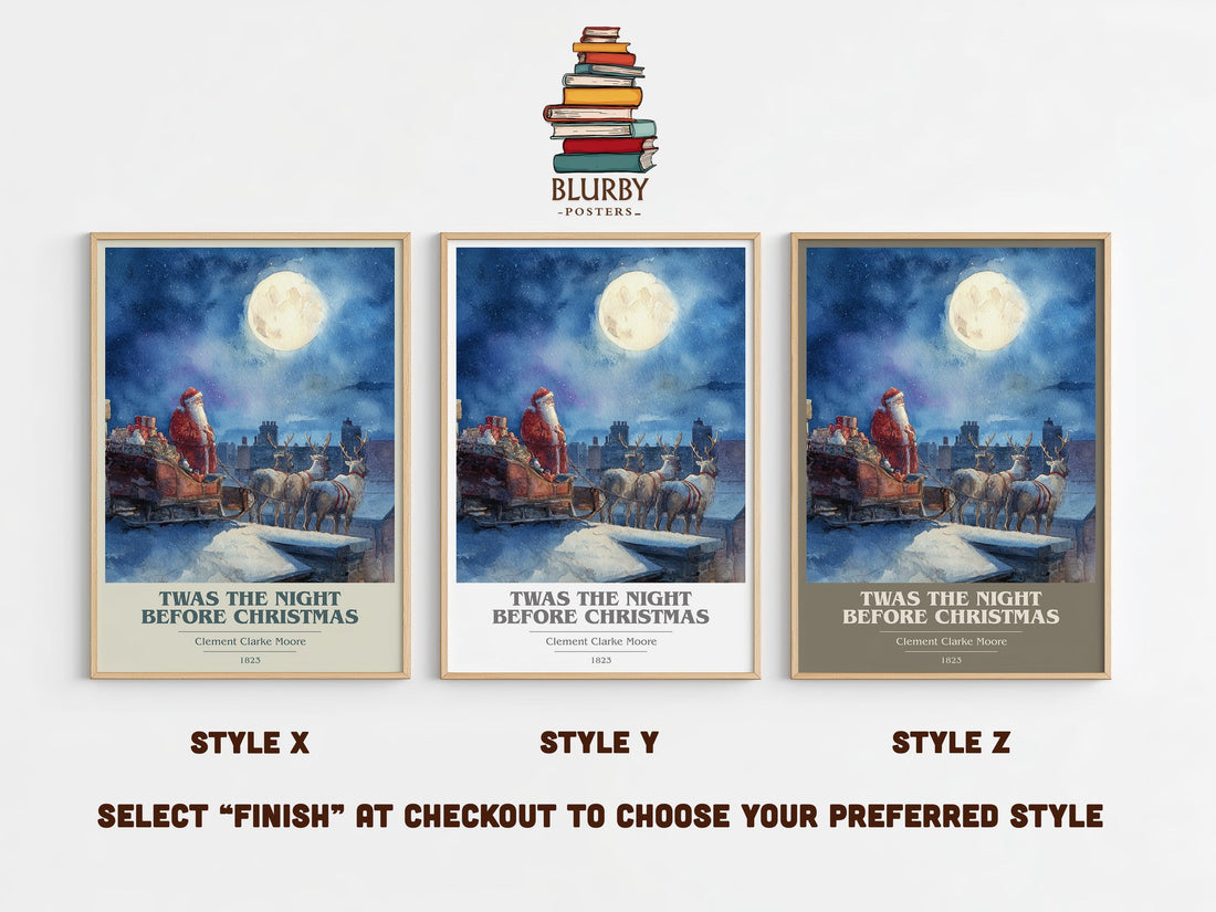 Twas The Night Before Christmas book cover print in frame leaning in hallway – childrens wall art (mockup)