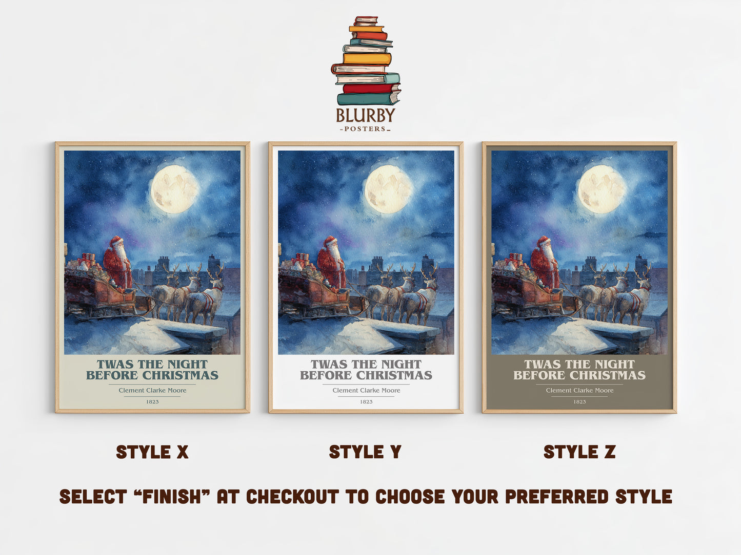 Twas The Night Before Christmas book cover print in frame leaning in hallway – childrens wall art