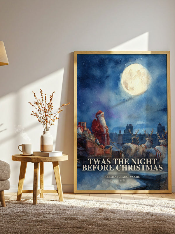 Twas The Night Before Christmas watercolour print in frame leaning in hallway – poetry wall art