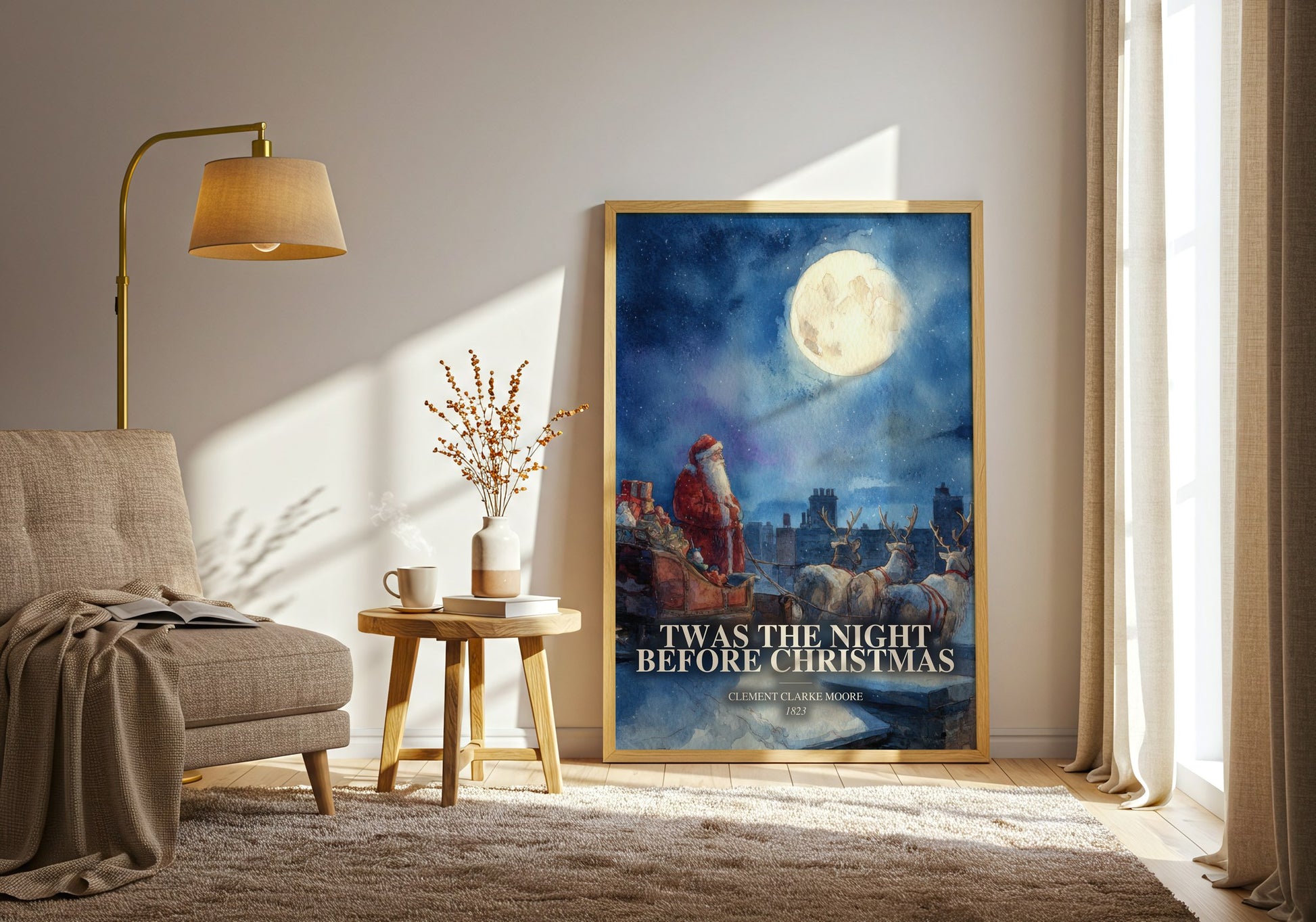 Twas The Night Before Christmas watercolour print in frame leaning in hallway – poetry wall art