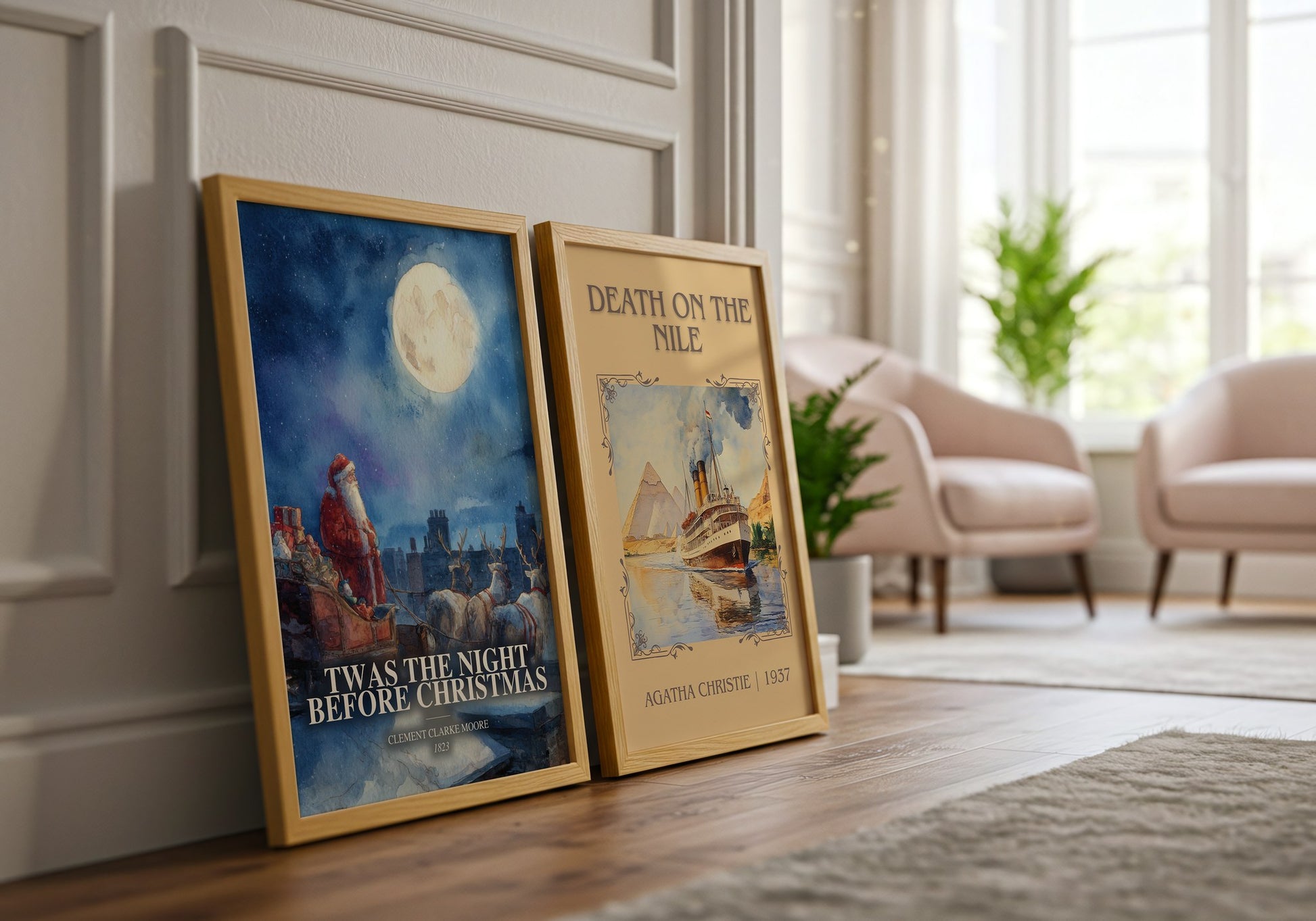 Twas The Night Before Christmas watercolour print framed by window – literary home decor