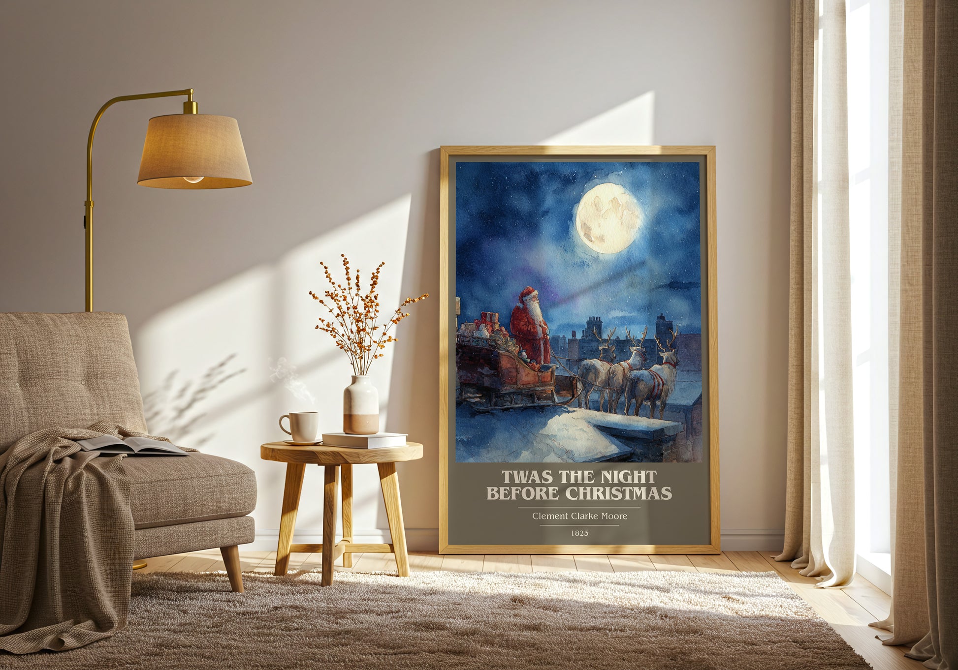 Twas The Night Before Christmas book cover print framed by window – literary home decor