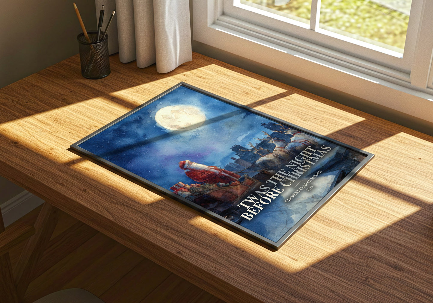 Twas The Night Before Christmas watercolour book poster framed on wall – poetry wall art