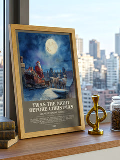 Twas The Night Before Christmas Bookish Wall Art by C. Moore – framed print on a city-view windowsill