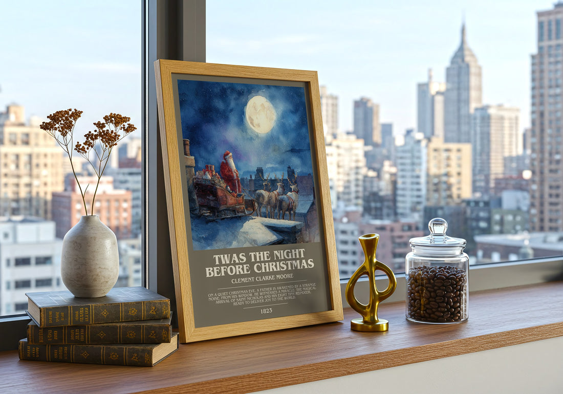 Twas The Night Before Christmas Bookish Wall Art by C. Moore – framed print on a city-view windowsill