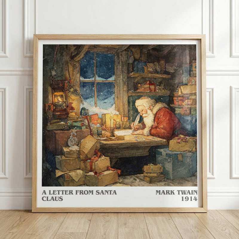 A Letter from Santa Claus literary print in frame leaning in hallway – childrens wall art