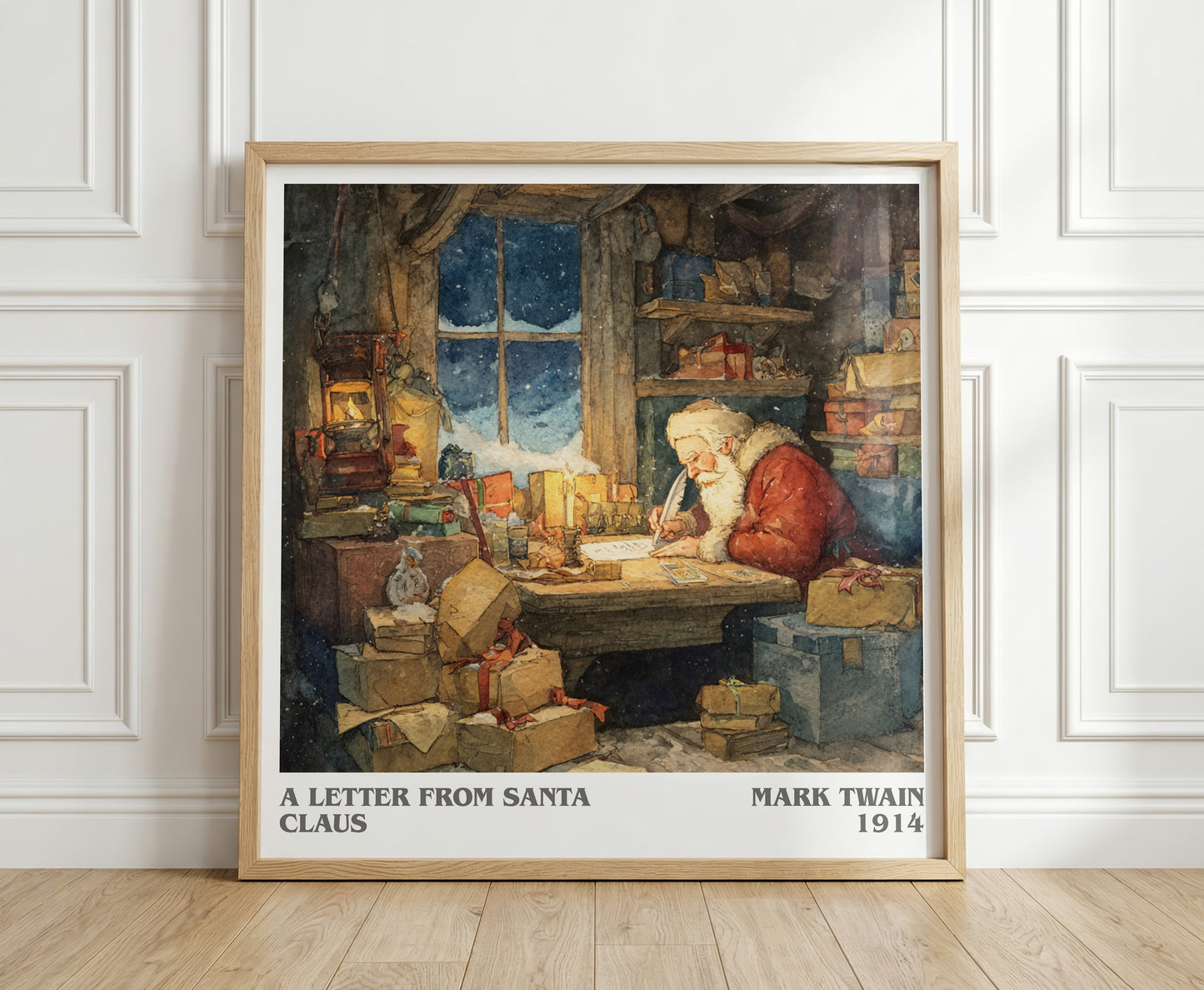 A Letter from Santa Claus literary print in frame leaning in hallway – childrens wall art