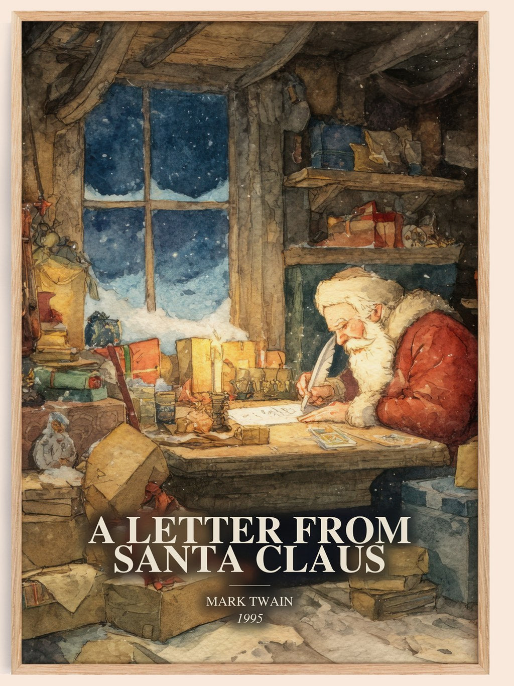 A Letter From Santa Claus watercolour book poster by Mark Twain – framed literary art print
