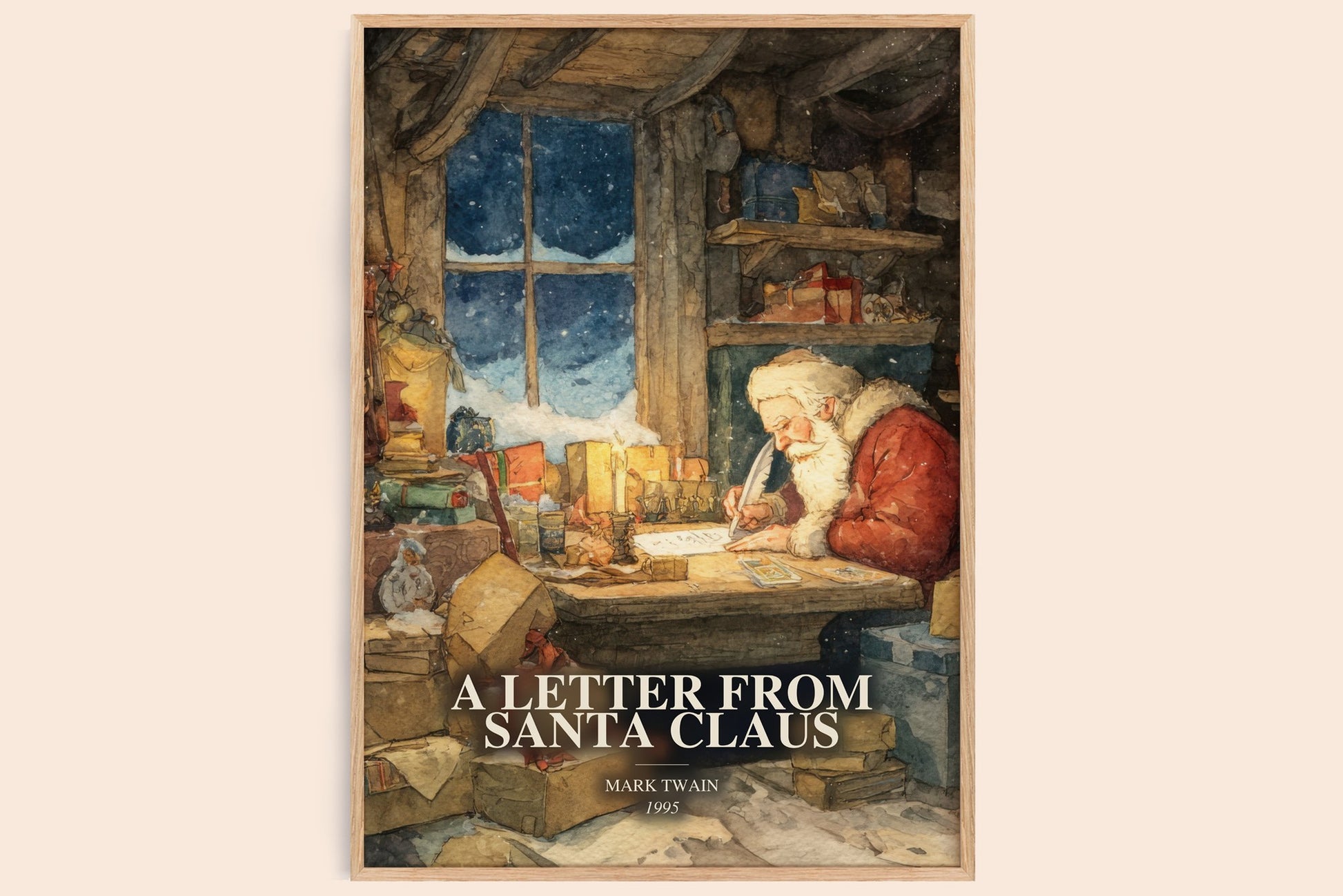 A Letter From Santa Claus watercolour book poster by Mark Twain – framed literary art print