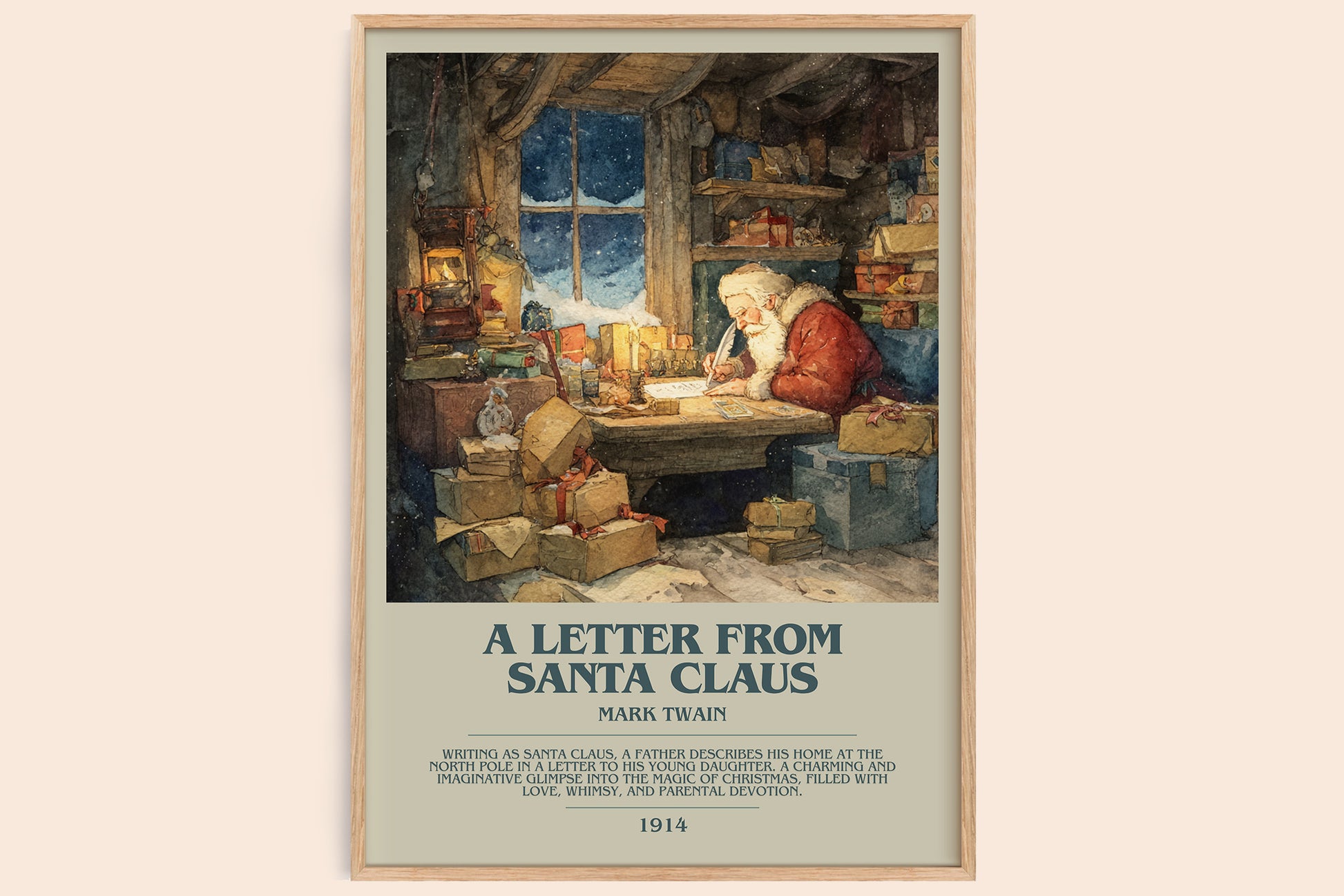A Letter from Santa Claus bookish book poster by Mark Twain – framed literary art print