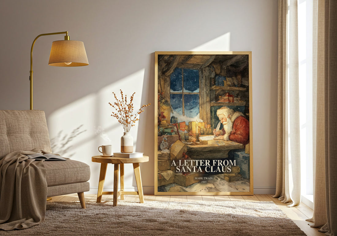 A Letter From Santa Claus watercolour print in frame leaning in hallway – childrens wall art (mockup)