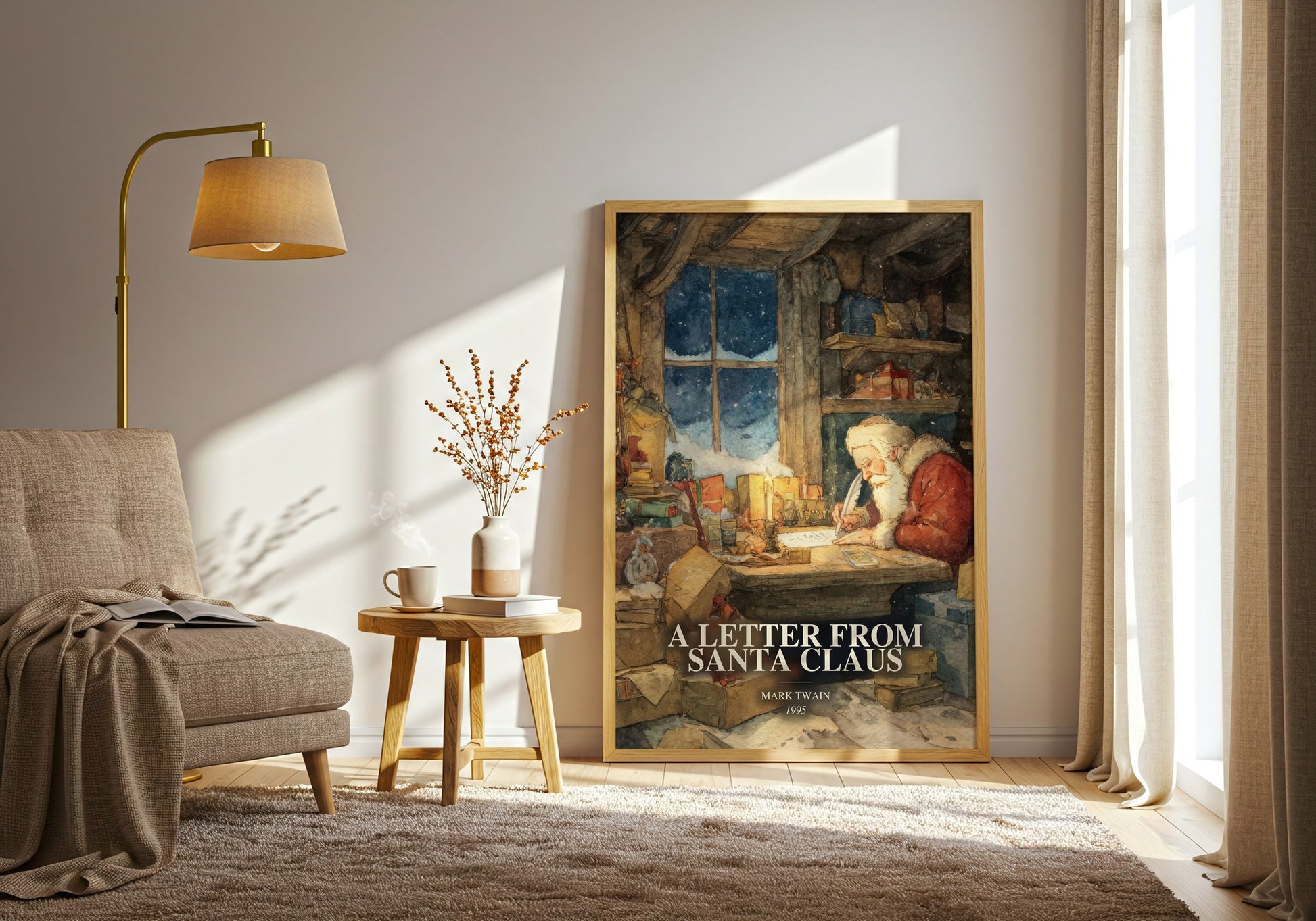 A Letter From Santa Claus watercolour print in frame leaning in hallway – childrens wall art