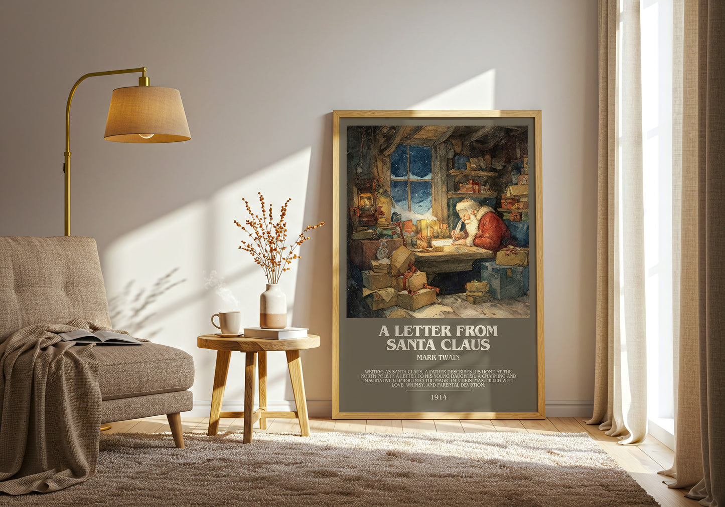 A Letter from Santa Claus bookish print framed by window – literary home decor