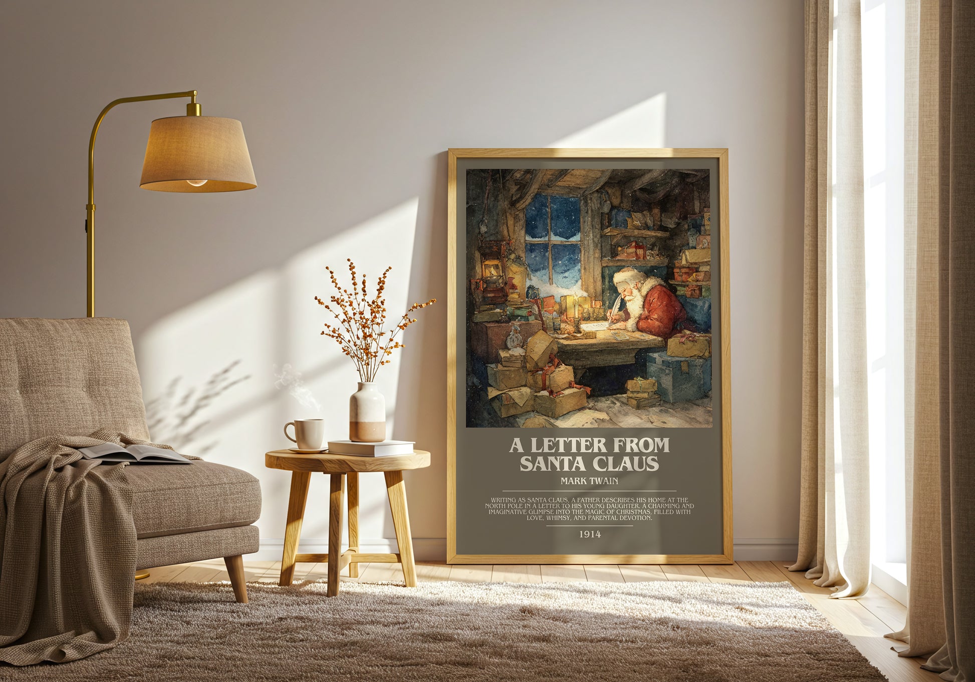 A Letter from Santa Claus bookish print framed by window – literary home decor