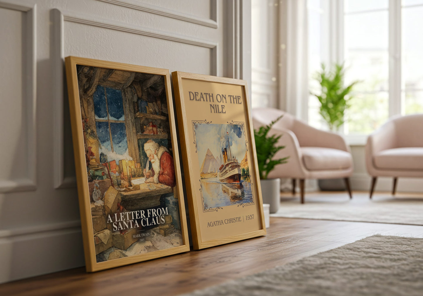 A Letter From Santa Claus watercolour print framed by window – literary home decor