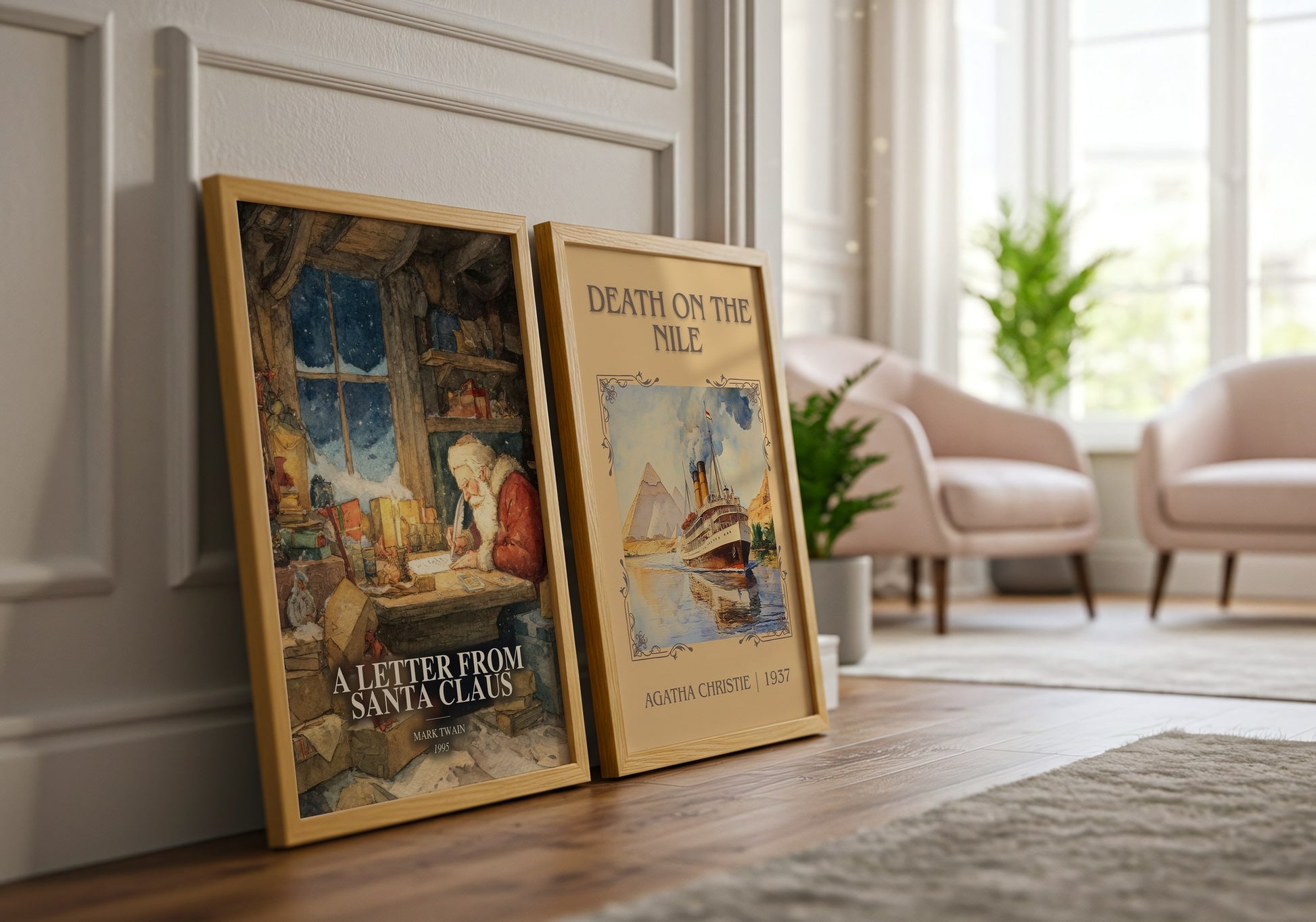 A Letter From Santa Claus watercolour print framed by window – literary home decor