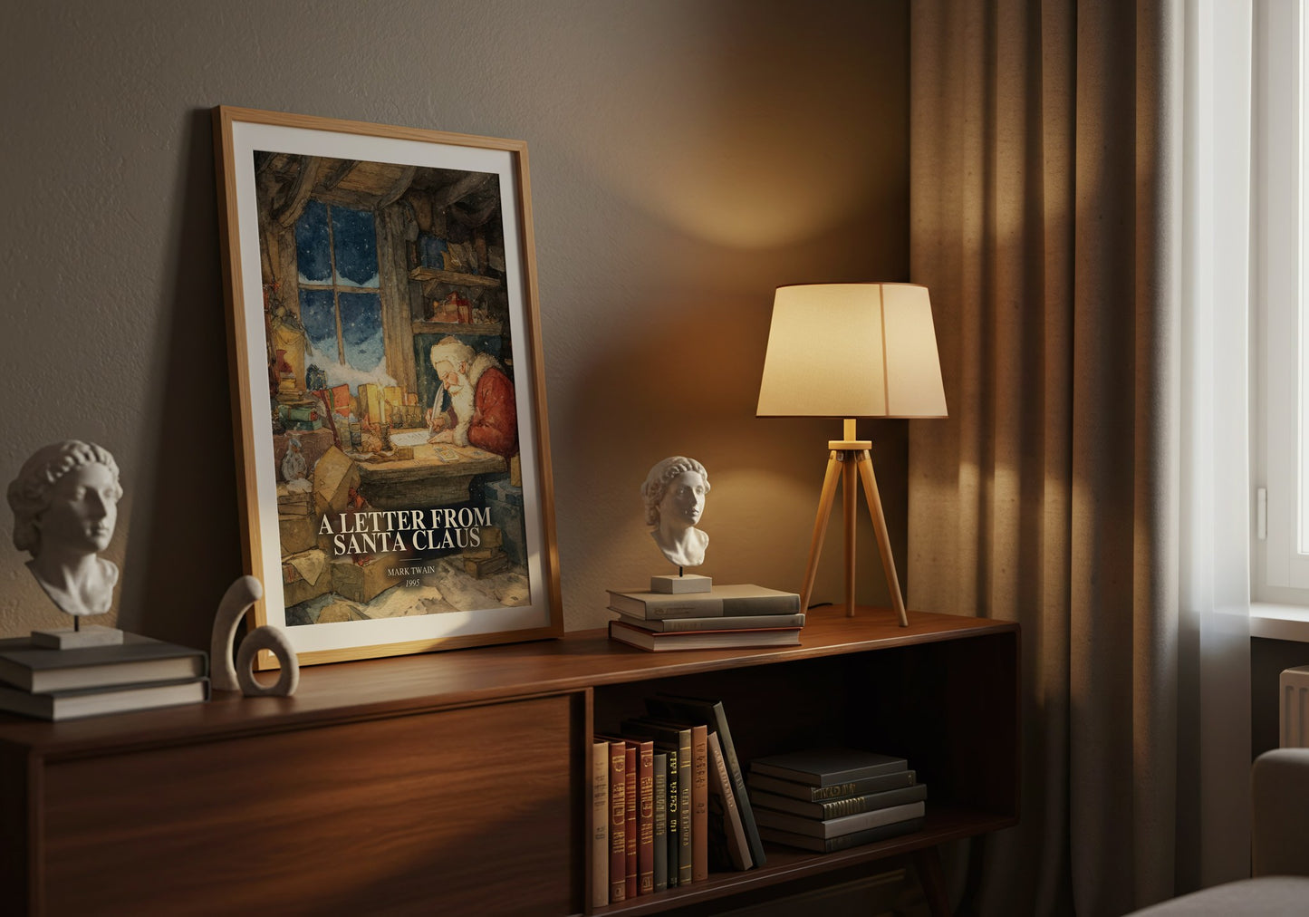 A Letter From Santa Claus watercolour print on bookshelf – Mark Twain fan gift