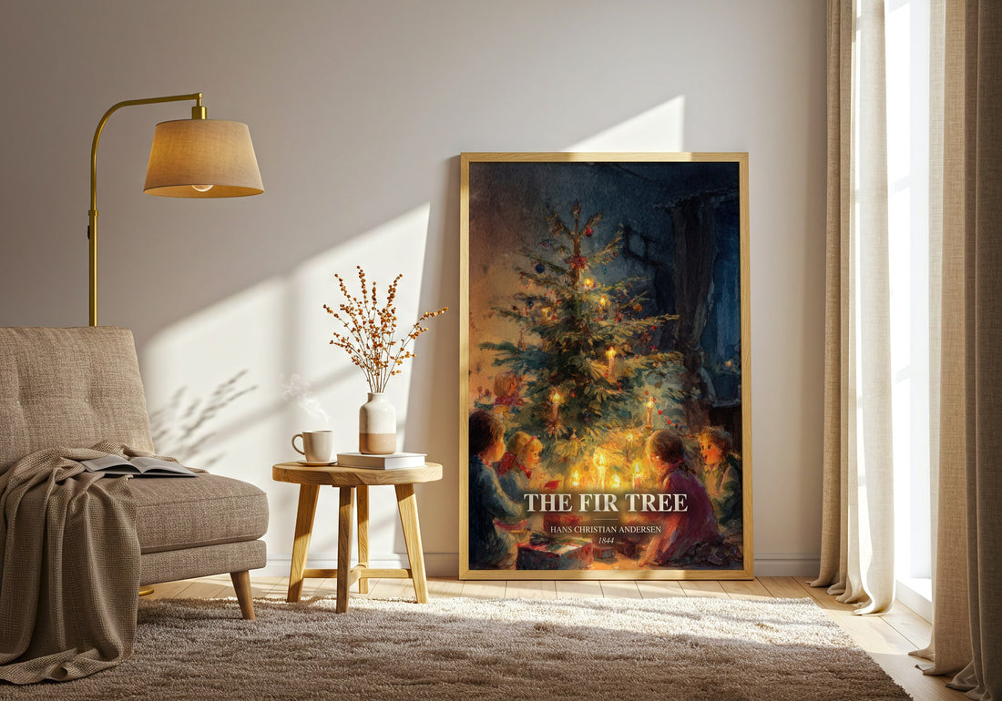 The Fir Tree watercolour print in frame leaning in hallway – childrens wall art (mockup)