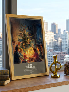 The Fir Tree Book Cover Poster by Hans Christian Andersen – framed print on a city-view windowsill
