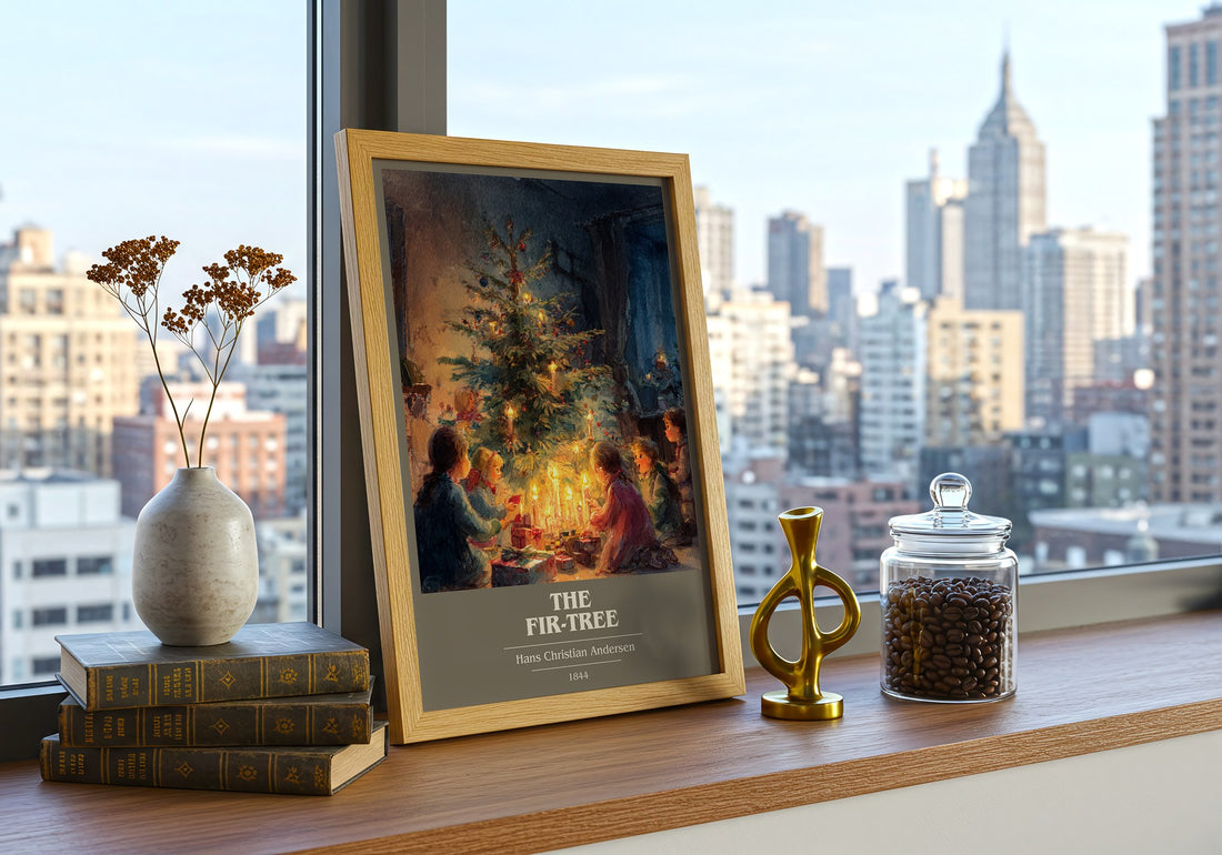 The Fir Tree Book Cover Poster by Hans Christian Andersen – framed print on a city-view windowsill