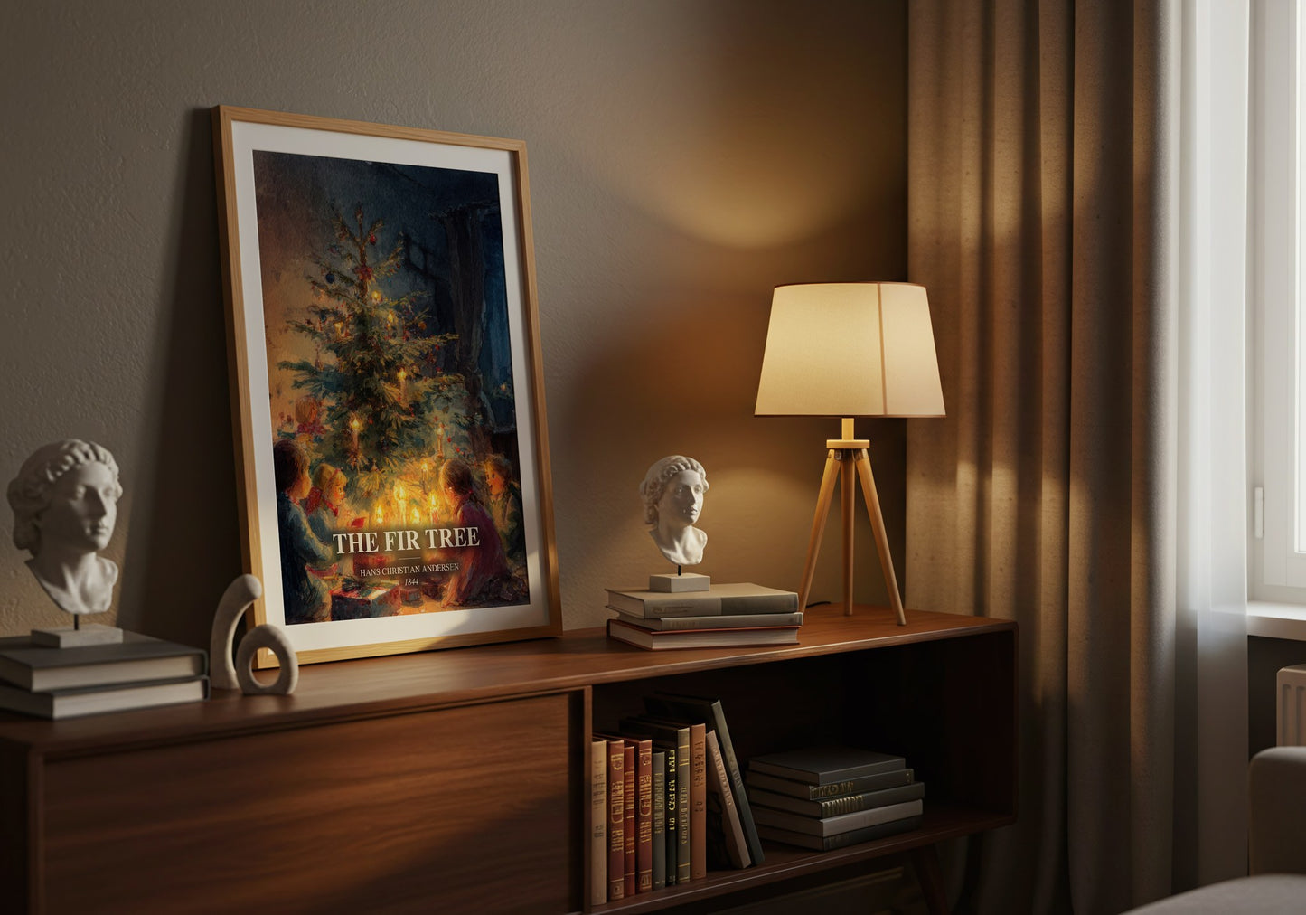 The Fir Tree watercolour print on bookshelf – Hans Christian Andersen fan gift