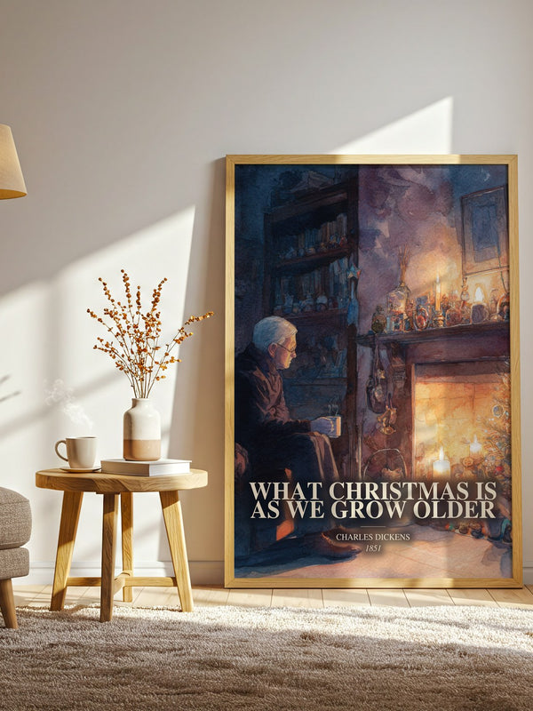 What Christmas Is As We Grow Older watercolour print in frame leaning in hallway – classic literature wall art