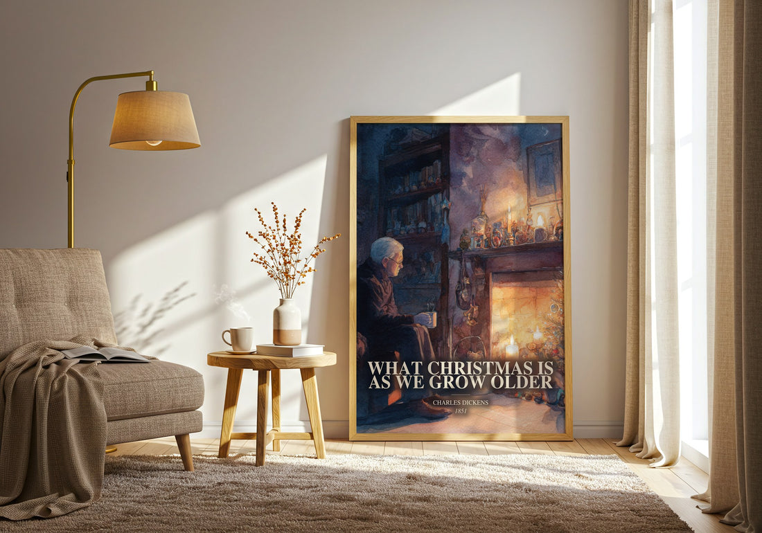 What Christmas Is As We Grow Older watercolour print in frame leaning in hallway – classic literature wall art (mockup)