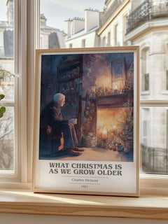 What christmas is as we grow older Book Cover Poster by C. Dickens – framed print by a bright window