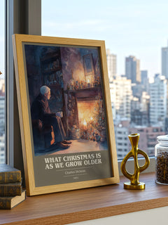 What christmas is as we grow older Book Cover Poster by C. Dickens – framed print on a city-view windowsill