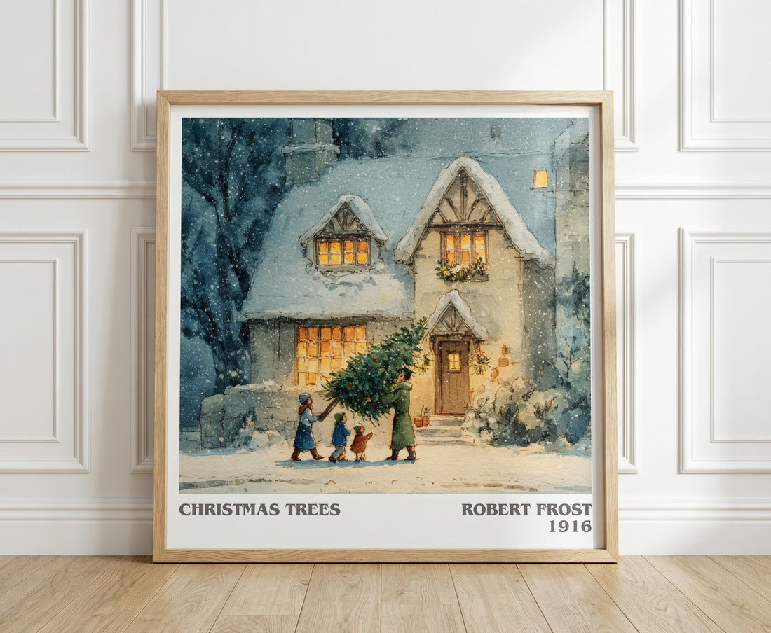 Christmas Trees literary print in frame leaning in hallway – poetry wall art (mockup)