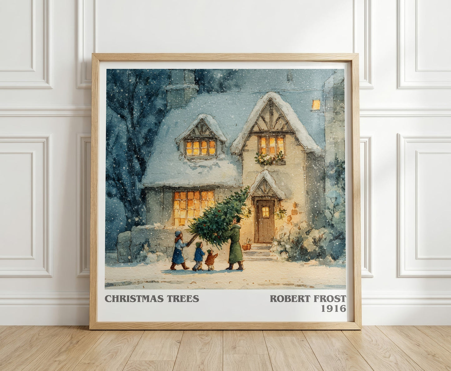 Christmas Trees literary print in frame leaning in hallway – poetry wall art