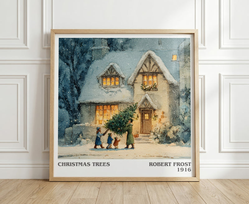 Christmas Trees literary print in frame leaning in hallway – poetry wall art