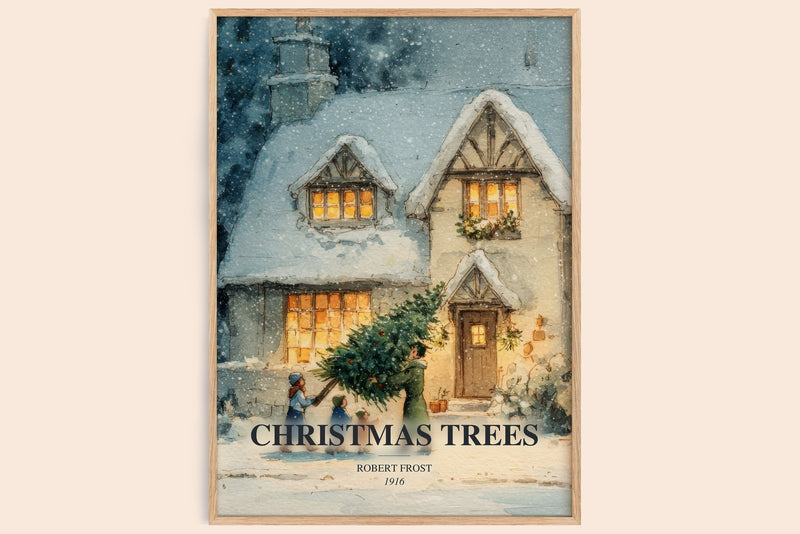 Christmas Trees watercolour book poster by Robert Frost – framed literary art print
