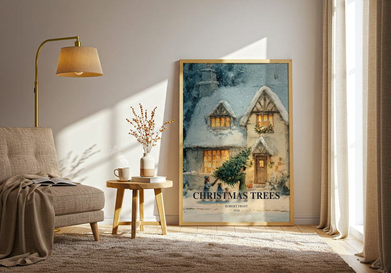 Christmas Trees watercolour print in frame leaning in hallway – poetry wall art