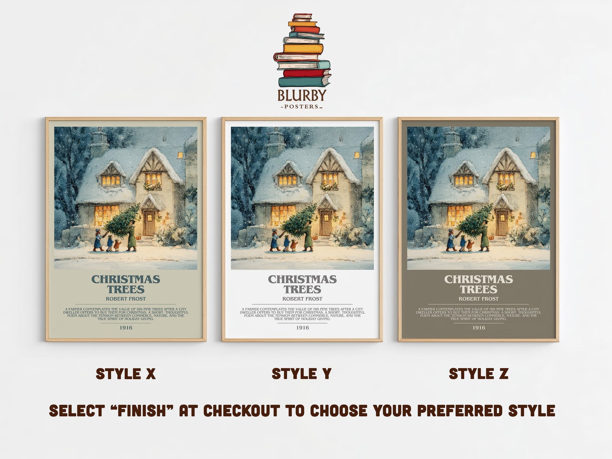 Christmas Trees bookish print in frame leaning in hallway – poetry wall art