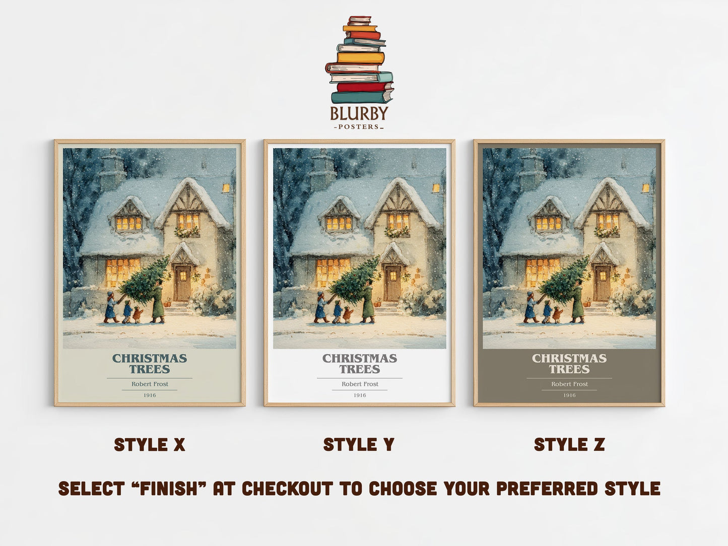 Christmas Trees book cover print in frame leaning in hallway – poetry wall art