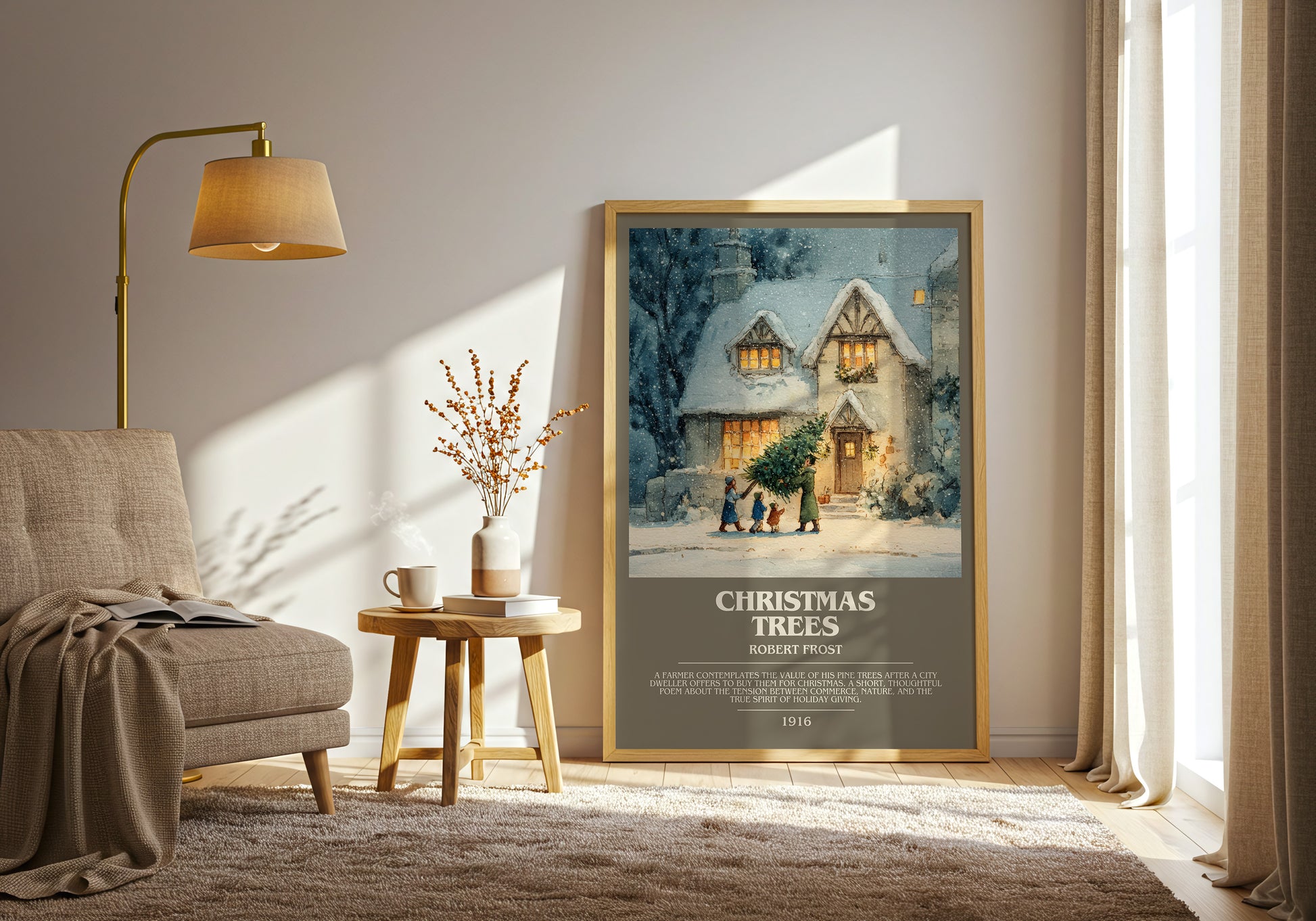 Christmas Trees bookish print framed by window – literary home decor