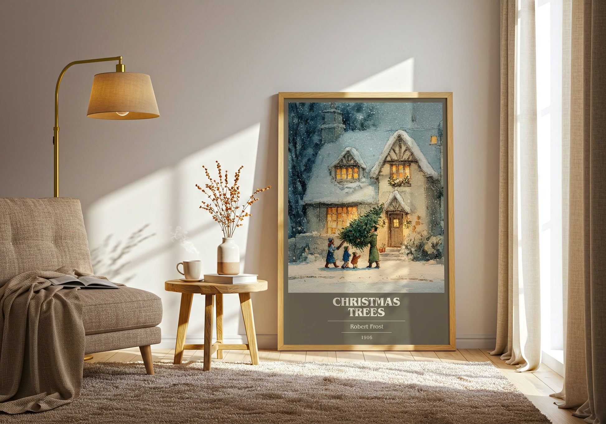 Christmas Trees book cover print framed by window – literary home decor