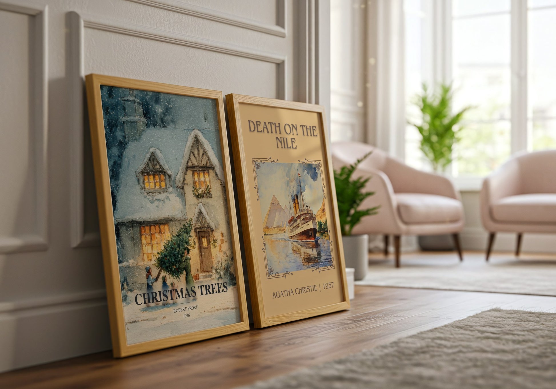 Christmas Trees watercolour print framed by window – literary home decor