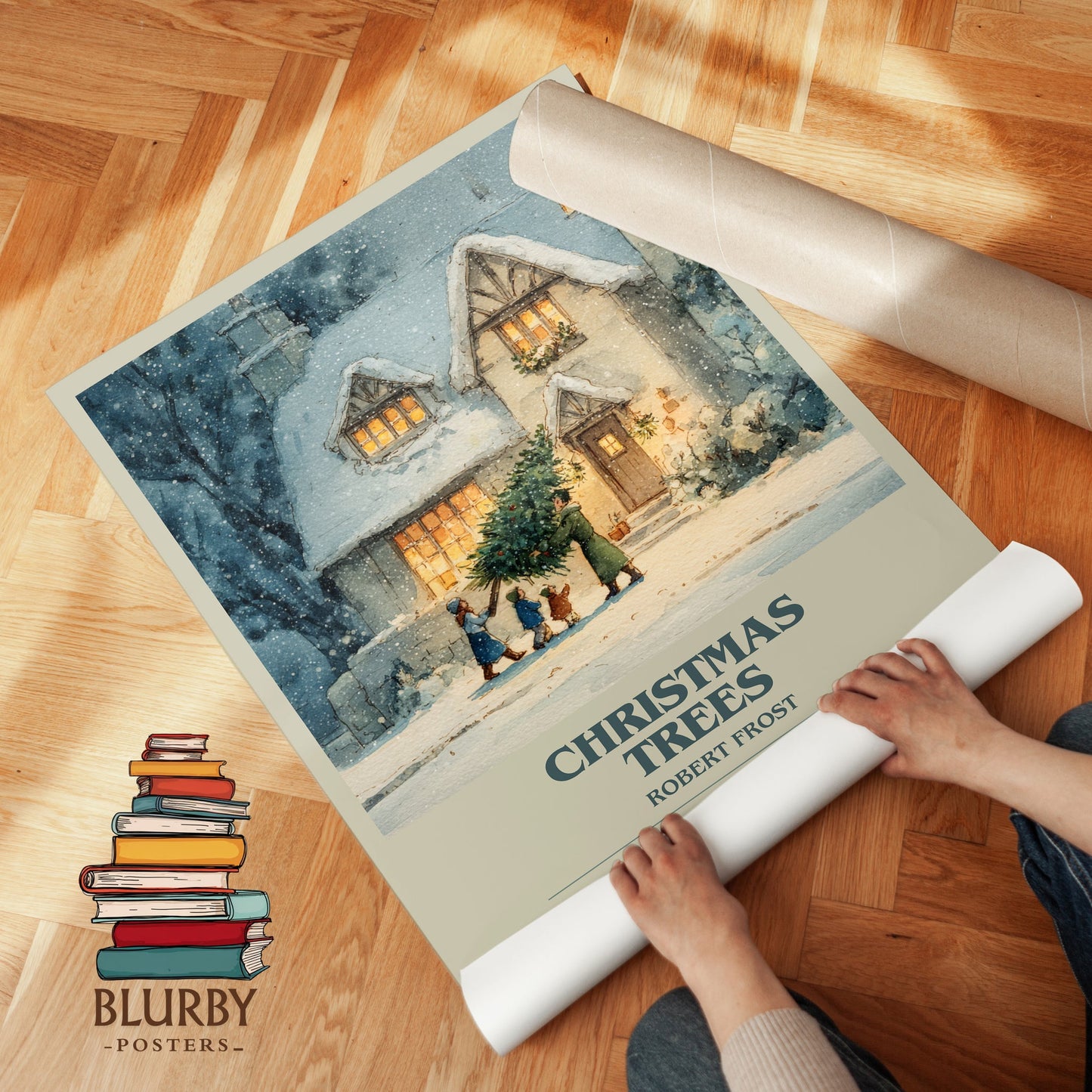 Christmas Trees bookish print on bookshelf – Robert Frost fan gift