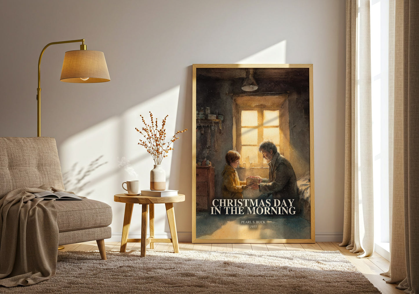 Christmas Day In The Morning watercolour print in frame leaning in hallway – childrens wall art