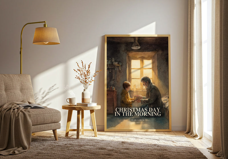 Christmas Day In The Morning watercolour print in frame leaning in hallway – childrens wall art