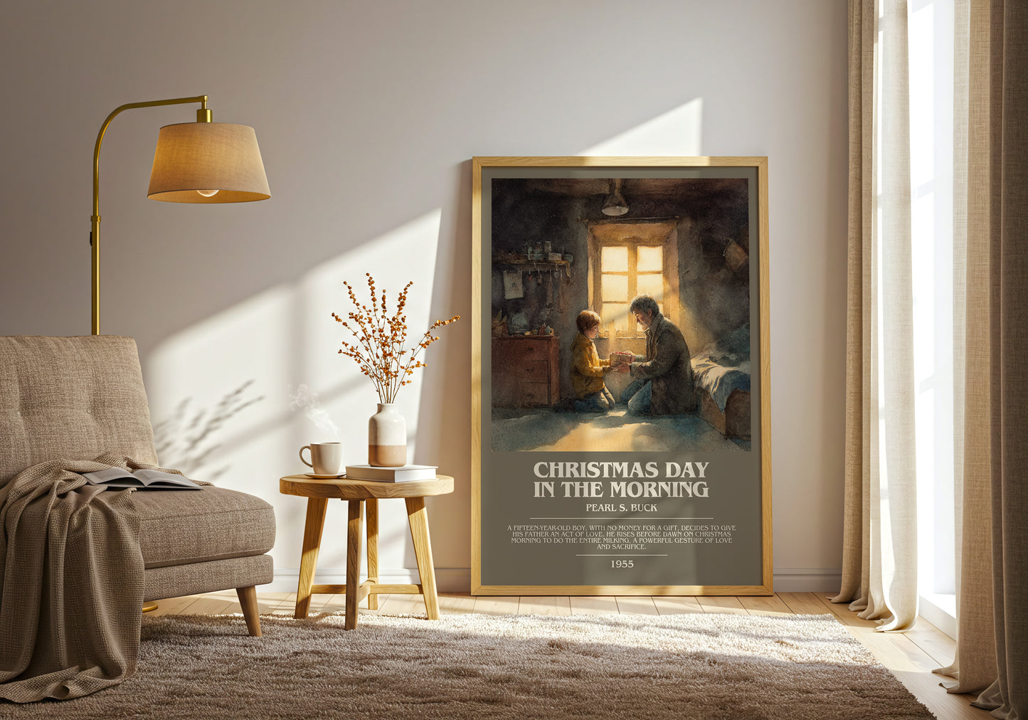 Christmas Day in the Morning bookish print framed by window – literary home decor