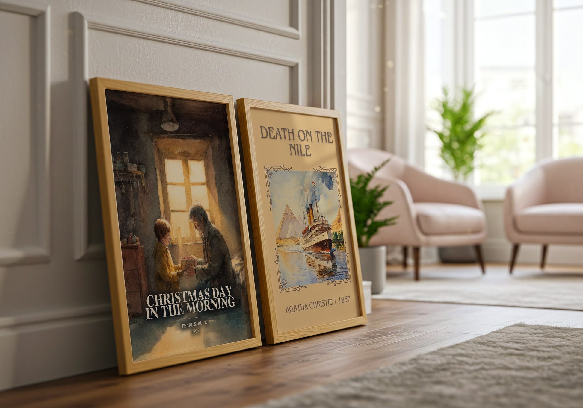 Christmas Day In The Morning watercolour print framed by window – literary home decor