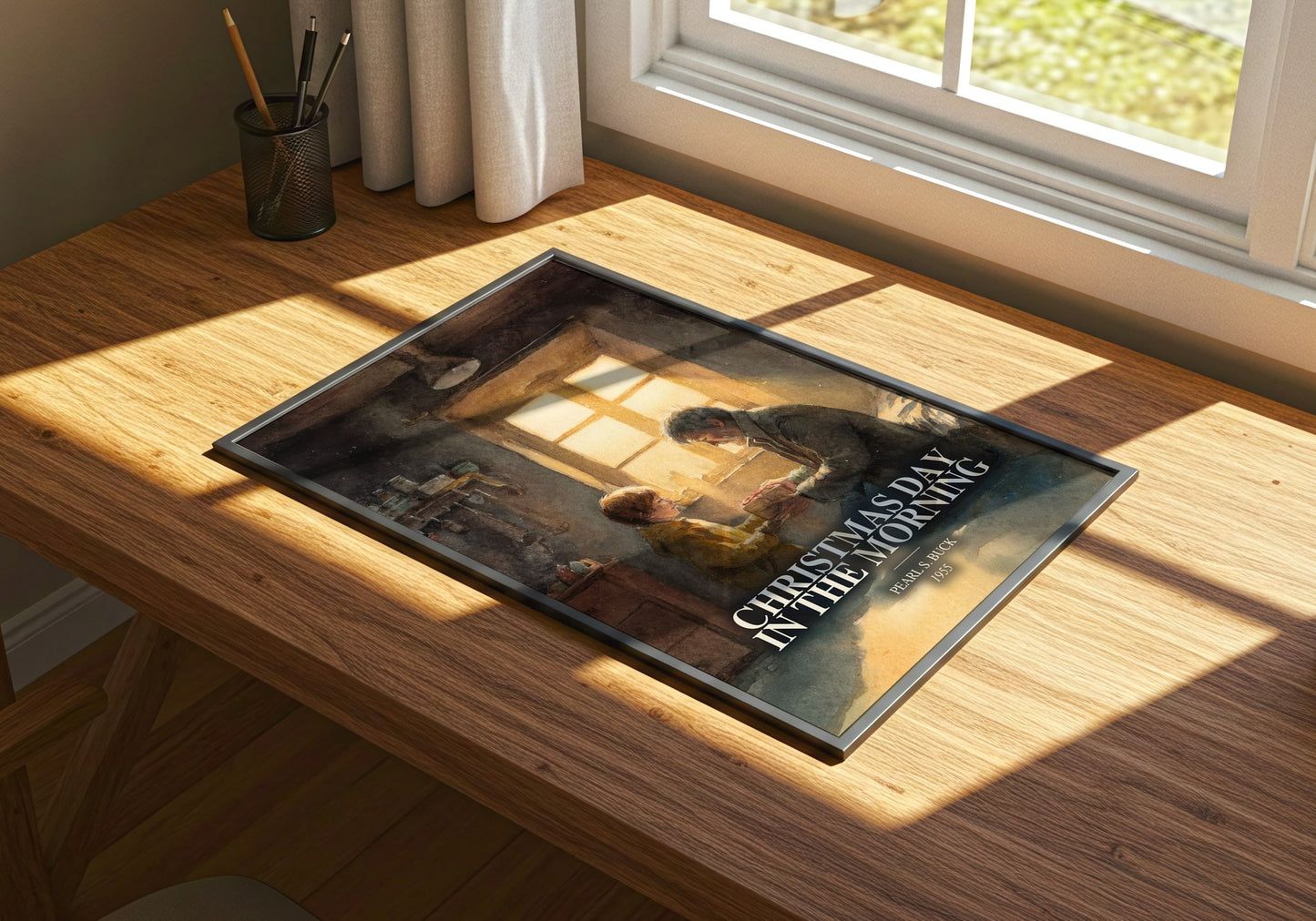 Christmas Day In The Morning watercolour book poster framed on wall – childrens wall art