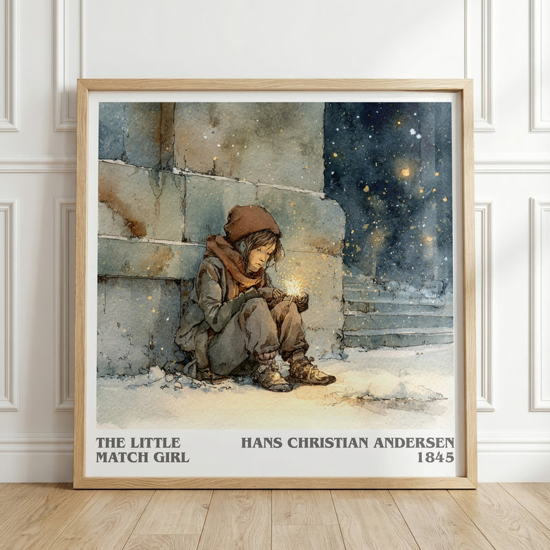 The Little Match Girl literary print in frame leaning in hallway – childrens wall art