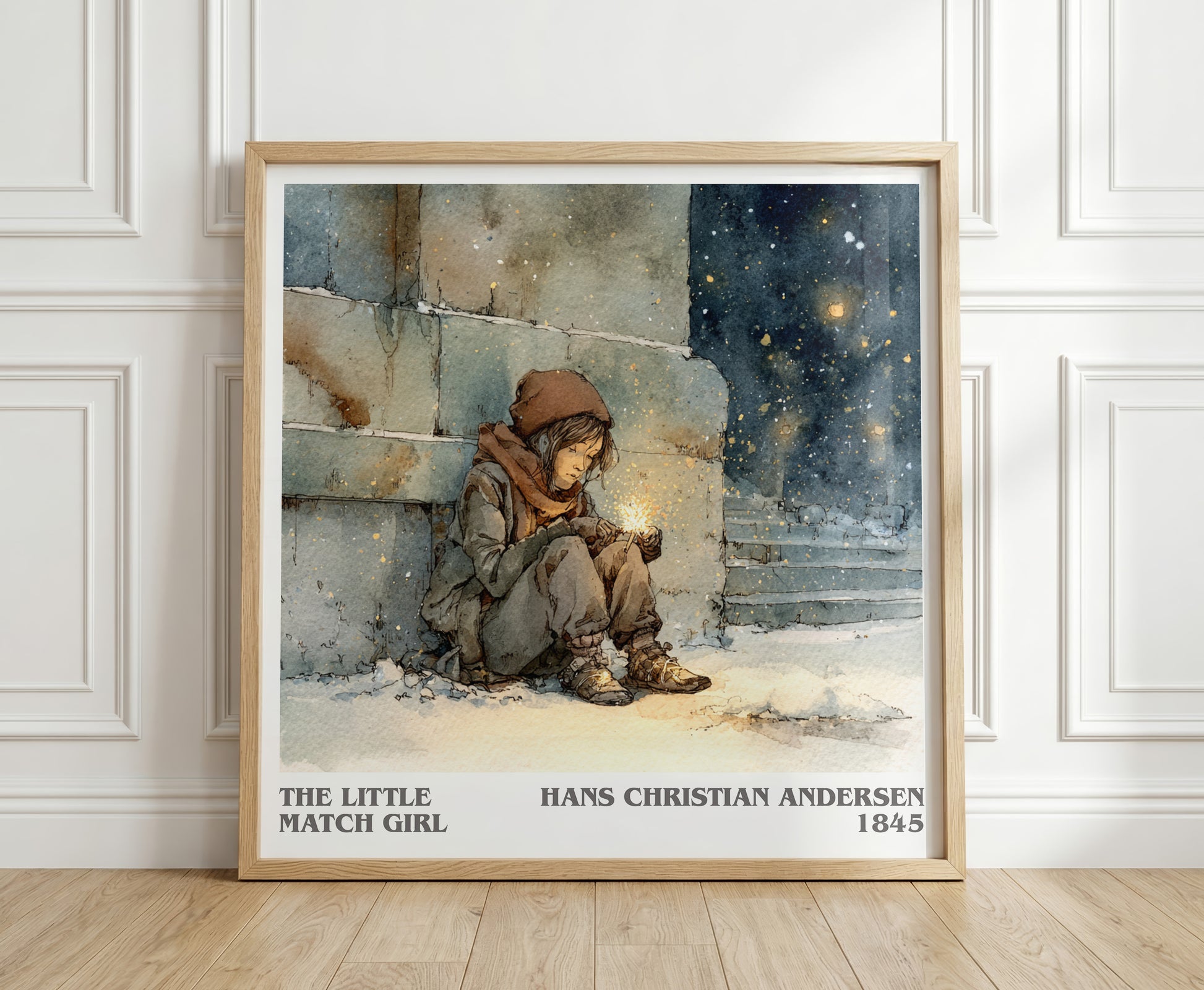 The Little Match Girl literary print in frame leaning in hallway – childrens wall art